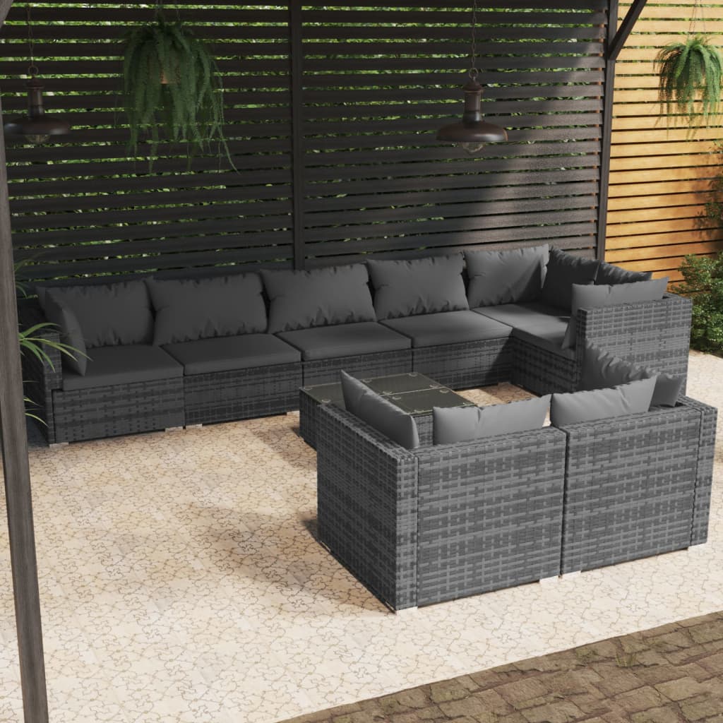 9 pcs conjunto lounge de jardim c/ almofadões vime PE cinzento