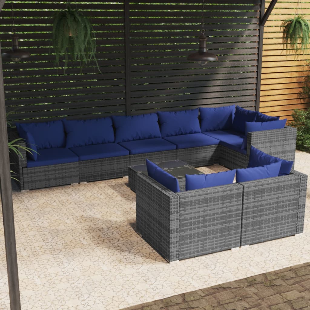 9 pcs conjunto lounge de jardim c/ almofadões vime PE cinzento