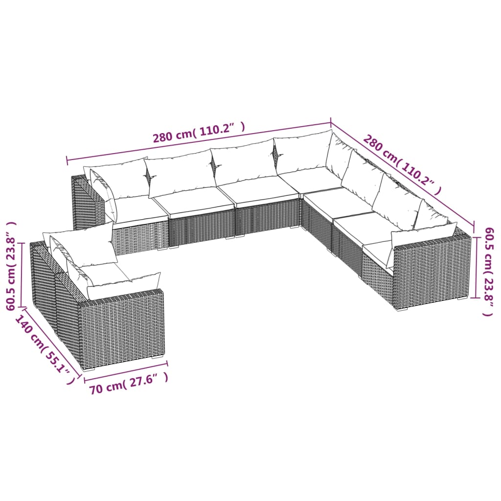 9 pcs conjunto lounge de jardim c/ almofadões vime PE preto