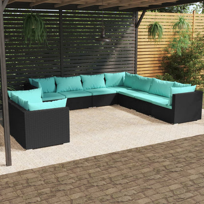 9 pcs conjunto lounge de jardim c/ almofadões vime PE preto