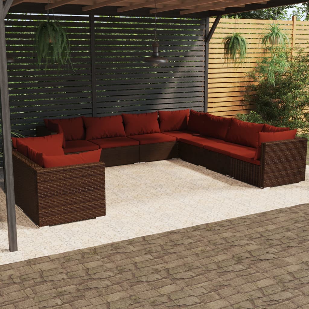 9 pcs conjunto lounge de jardim c/ almofadões vime PE castanho