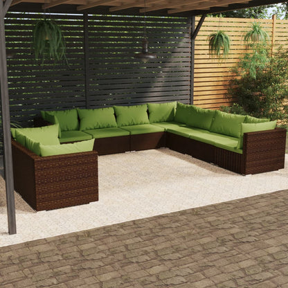 9 pcs conjunto lounge de jardim c/ almofadões vime PE castanho