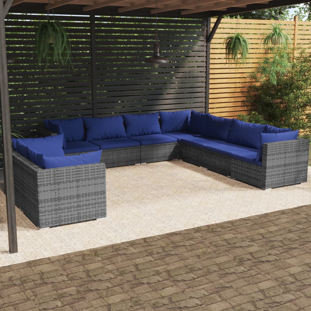 9 pcs conjunto lounge de jardim c/ almofadões vime PE cinzento