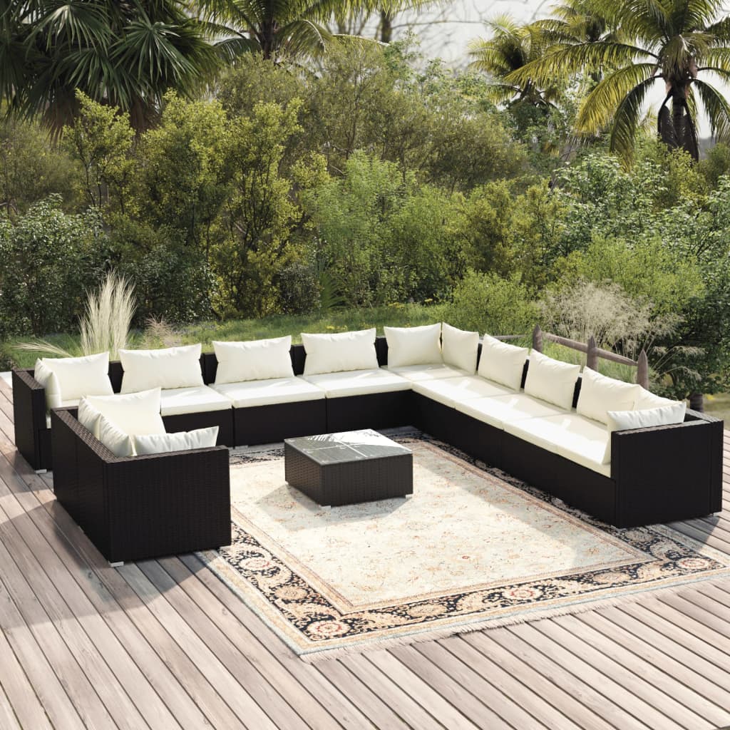 12 pcs conjunto lounge de jardim c/ almofadões vime PE preto