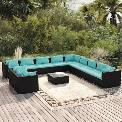 12 pcs conjunto lounge de jardim c/ almofadões vime PE preto