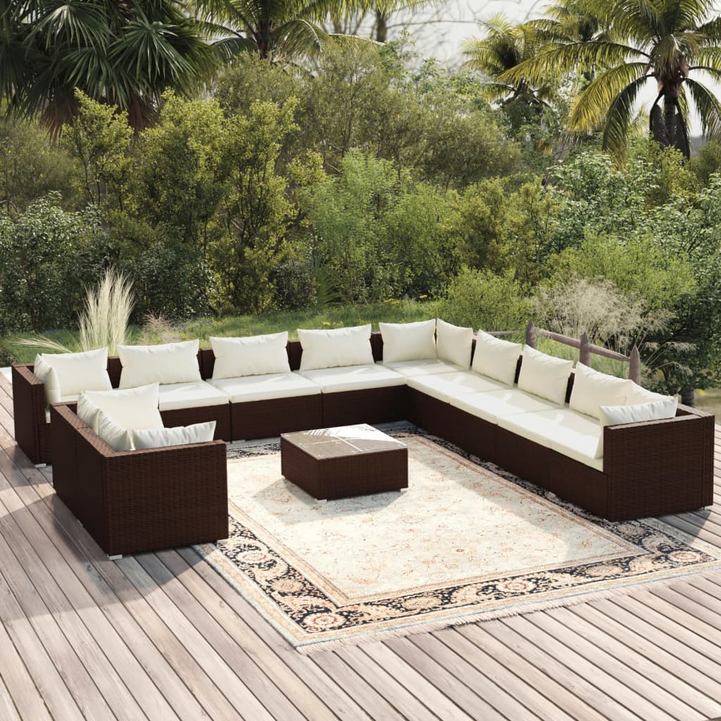 12 pcs conjunto lounge jardim c/ almofadões vime PE castanho