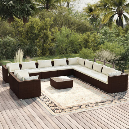 12 pcs conjunto lounge jardim c/ almofadões vime PE castanho