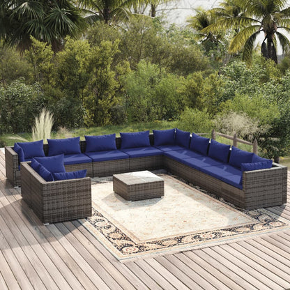 12 pcs conjunto lounge de jardim c/ almofadões vime PE cinzento