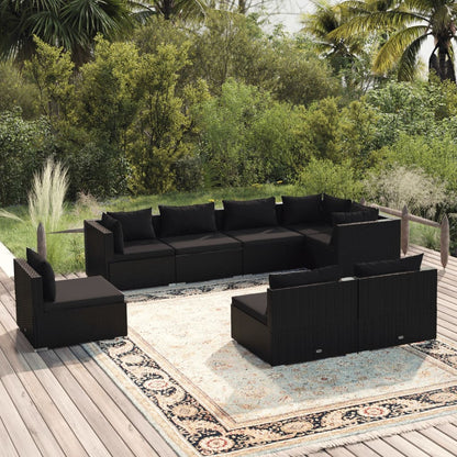 8 pcs conjunto lounge de jardim c/ almofadões vime PE preto