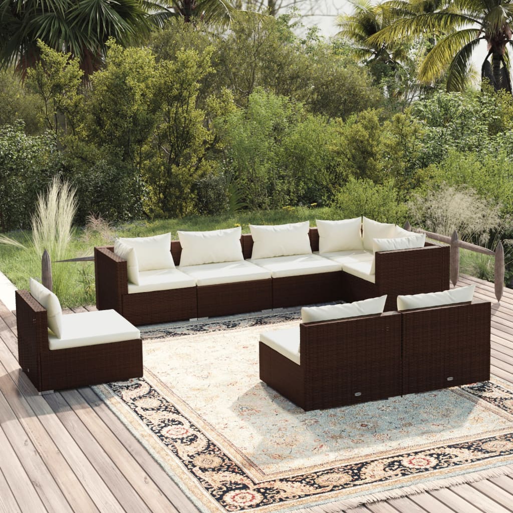 8 pcs conjunto lounge jardim c/ almofadões vime PE castanho