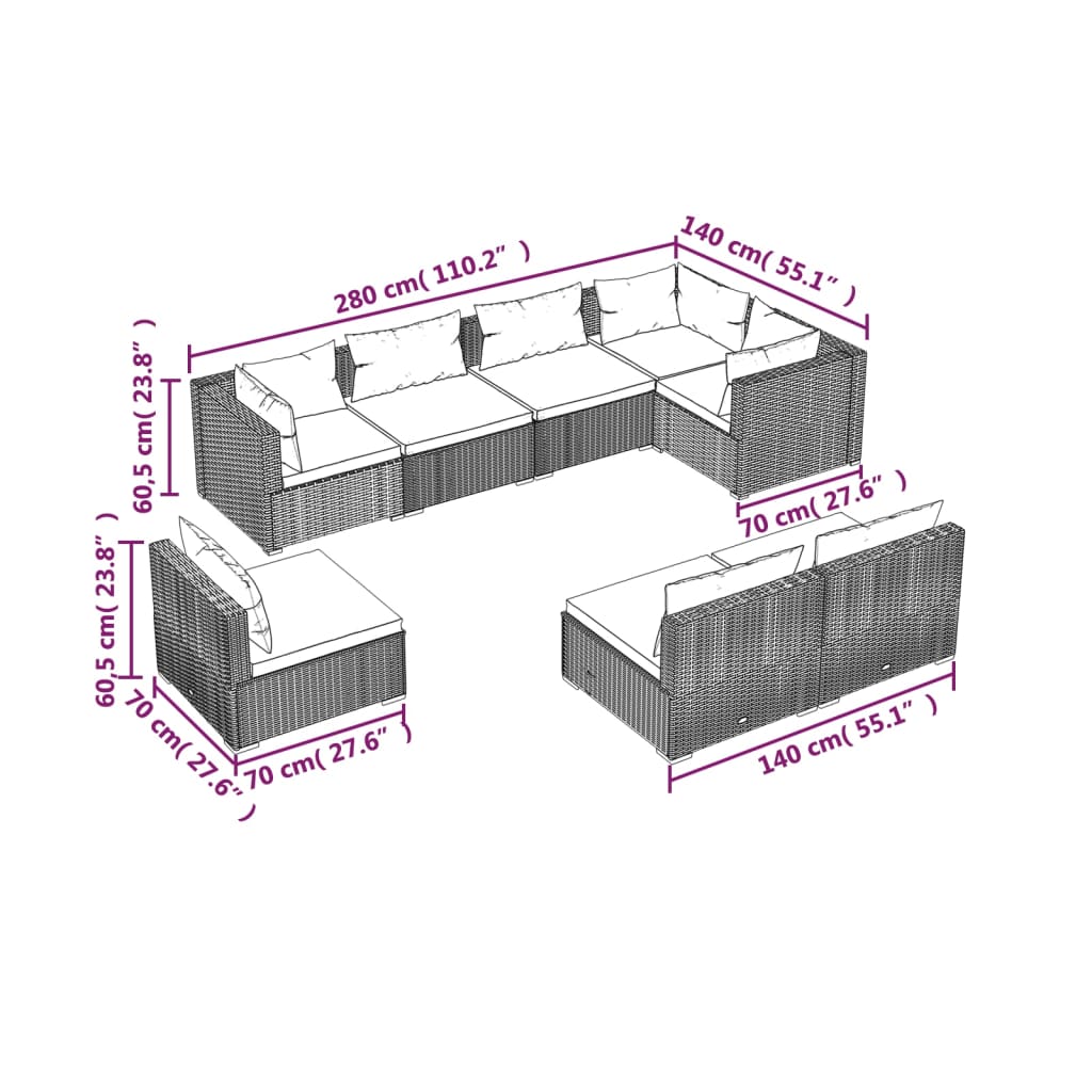 8 pcs conjunto lounge jardim c/ almofadões vime PE castanho