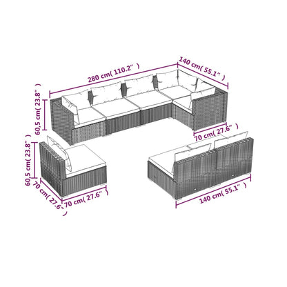 8 pcs conjunto lounge jardim c/ almofadões vime PE castanho