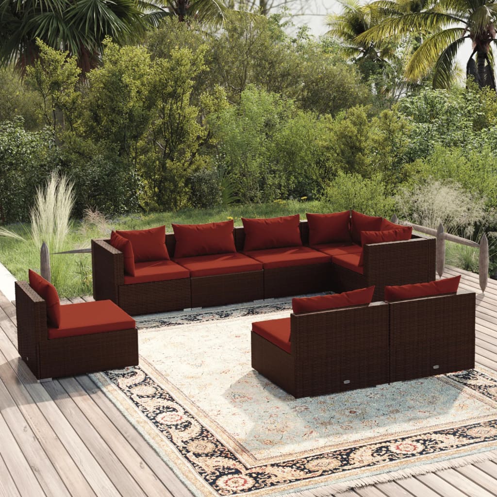 8 pcs conjunto lounge jardim c/ almofadões vime PE castanho