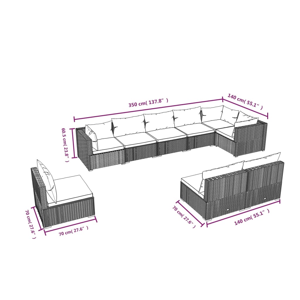 9 pcs conjunto lounge de jardim c/ almofadões vime PE castanho