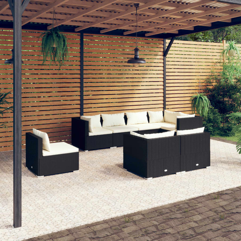 8 pcs conjunto lounge de jardim c/ almofadões vime PE preto