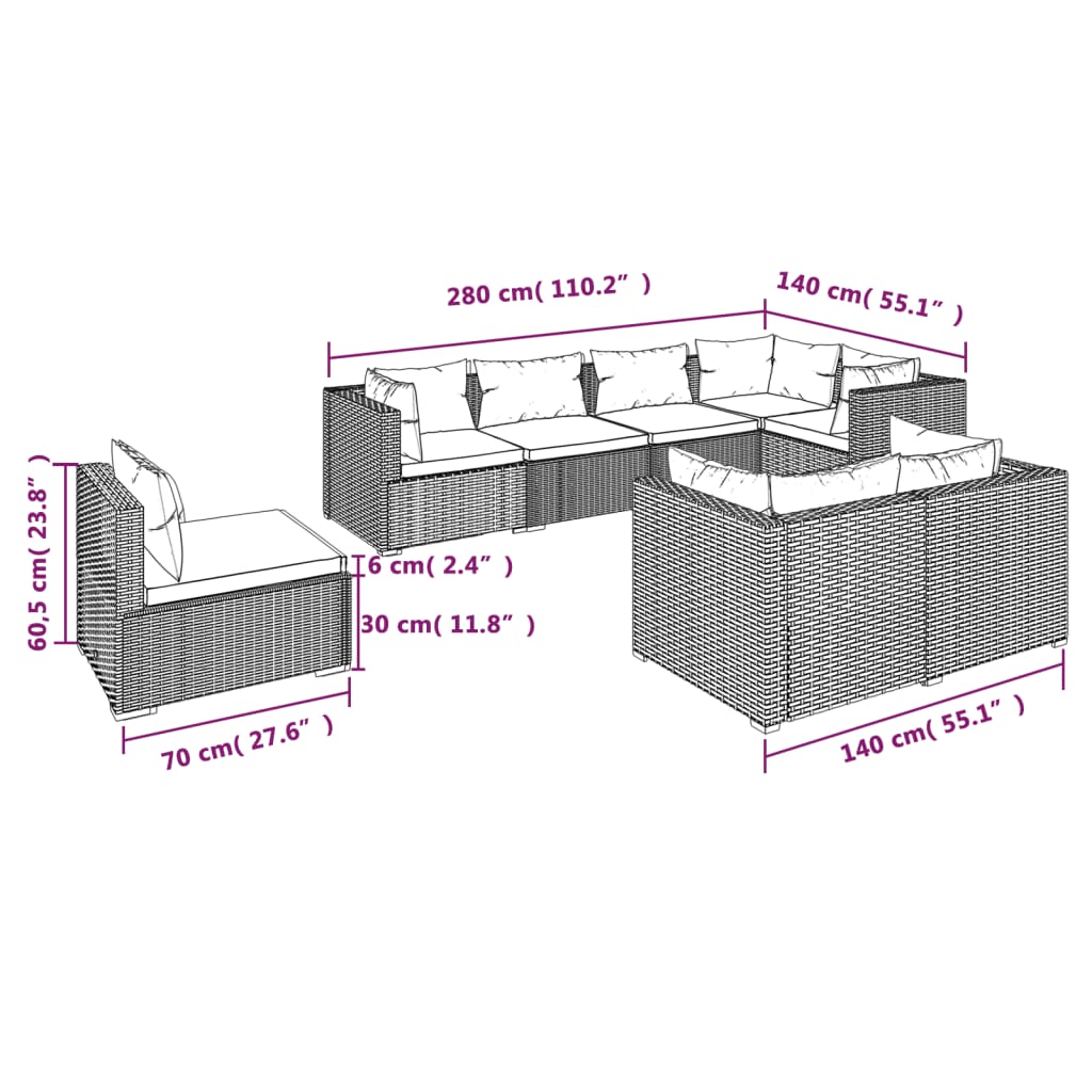 8 pcs conjunto lounge de jardim c/ almofadões vime PE castanho