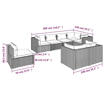 8 pcs conjunto lounge de jardim c/ almofadões vime PE castanho