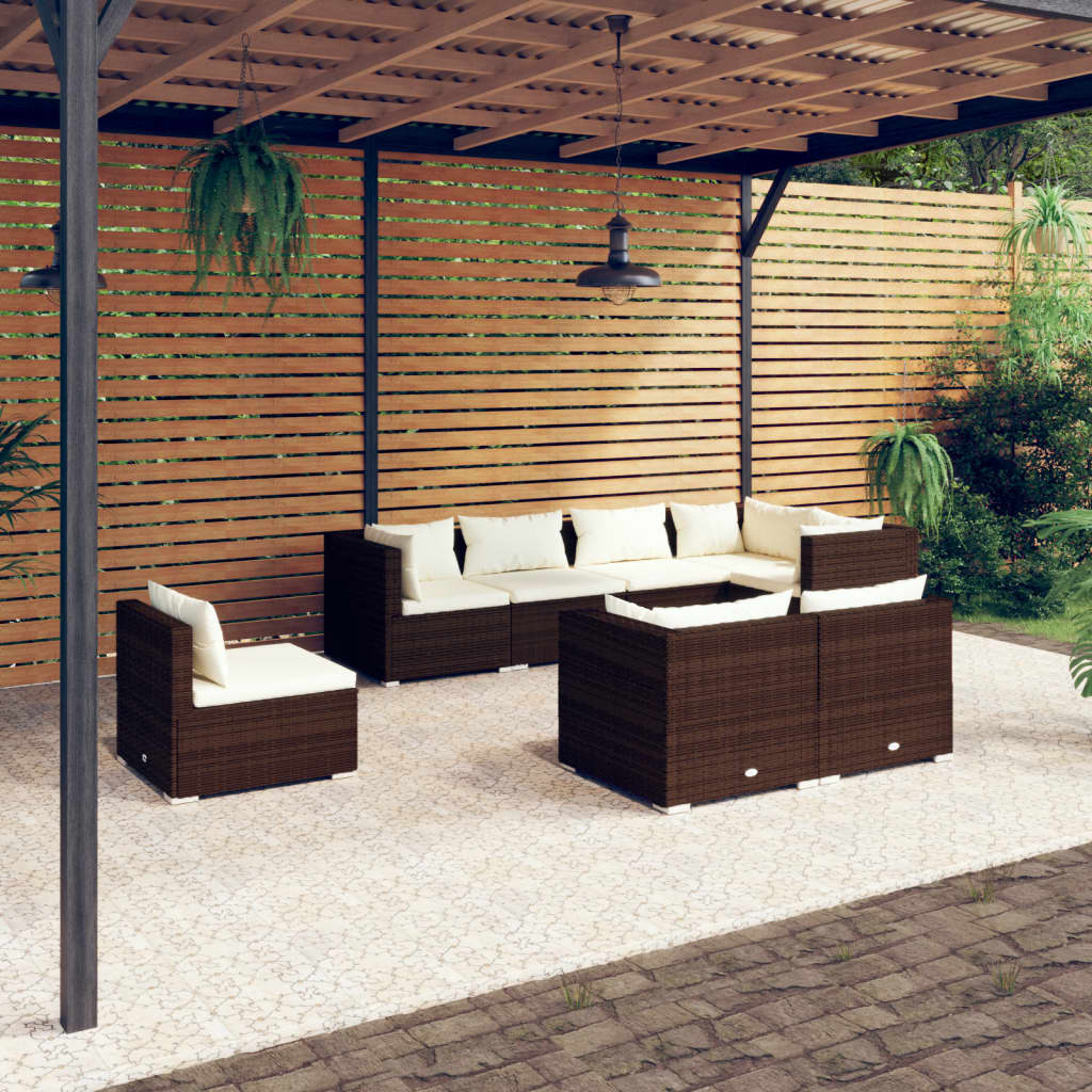 8 pcs conjunto lounge de jardim c/ almofadões vime PE castanho