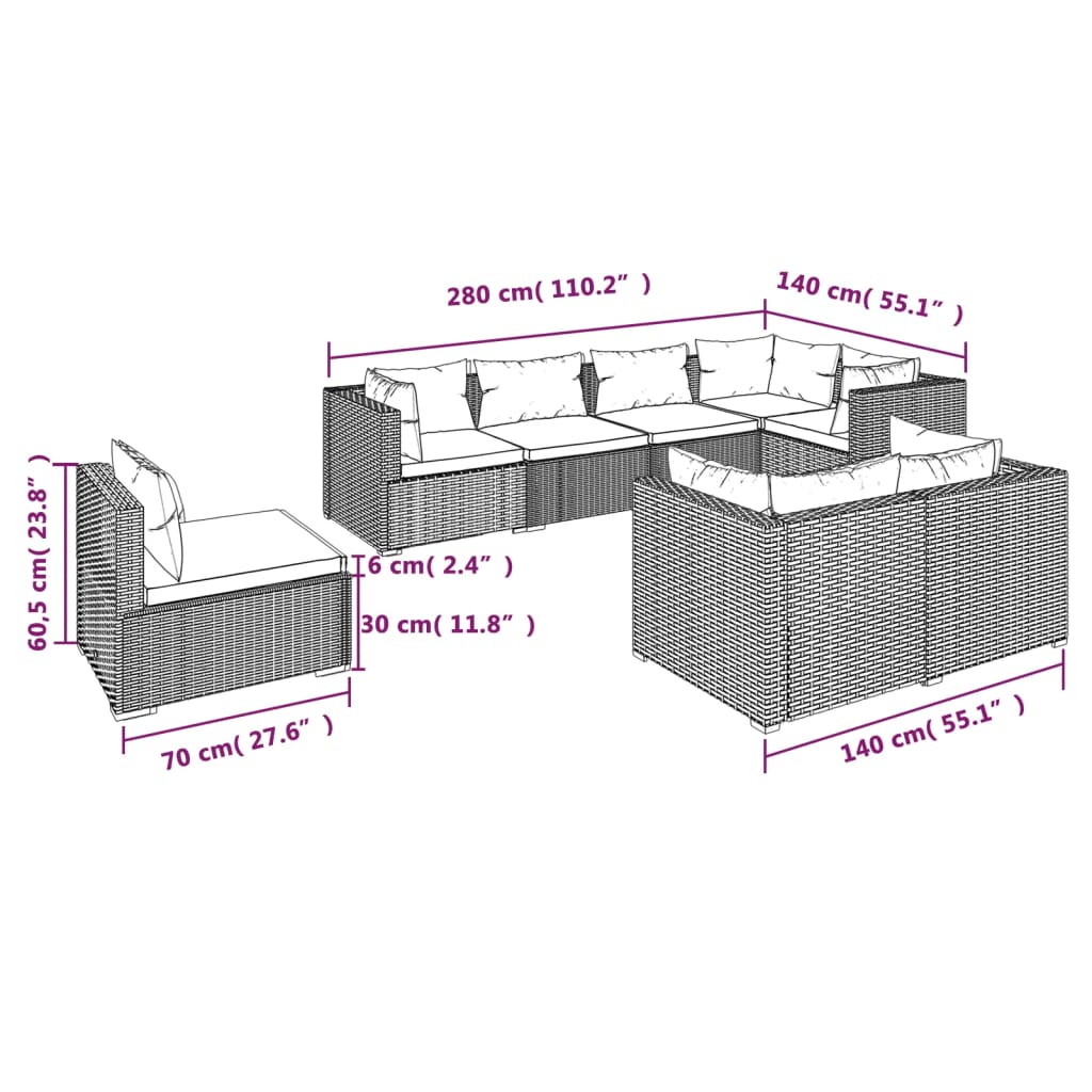 8 pcs conjunto lounge jardim c/ almofadões vime PE castanho