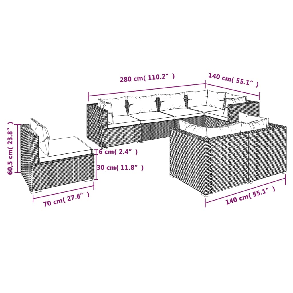 8 pcs conjunto lounge de jardim c/ almofadões vime PE cinzento