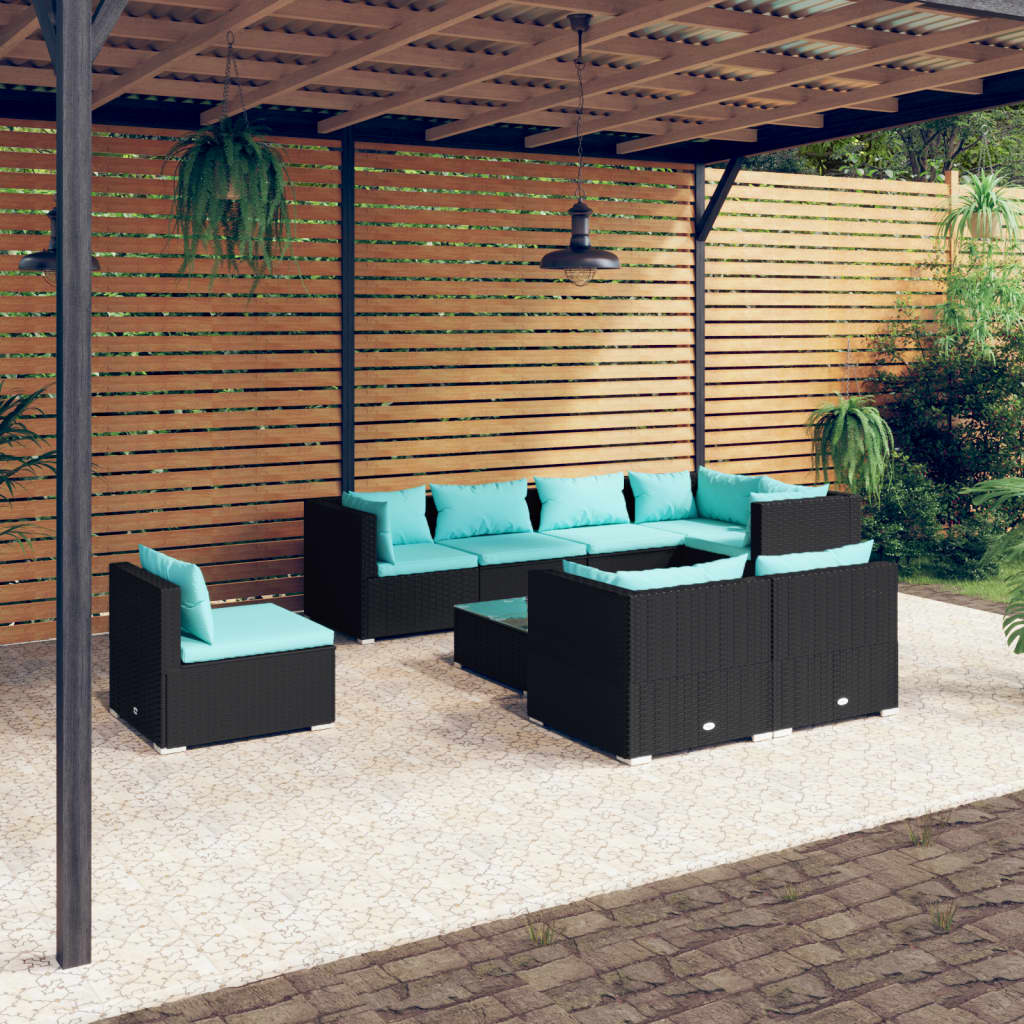 9 pcs conjunto lounge de jardim c/ almofadões vime PE preto