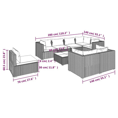 9 pcs conjunto lounge de jardim c/ almofadões vime PE castanho