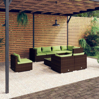 9 pcs conjunto lounge de jardim c/ almofadões vime PE castanho