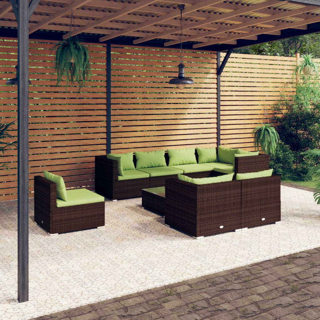 9 pcs conjunto lounge de jardim c/ almofadões vime PE castanho