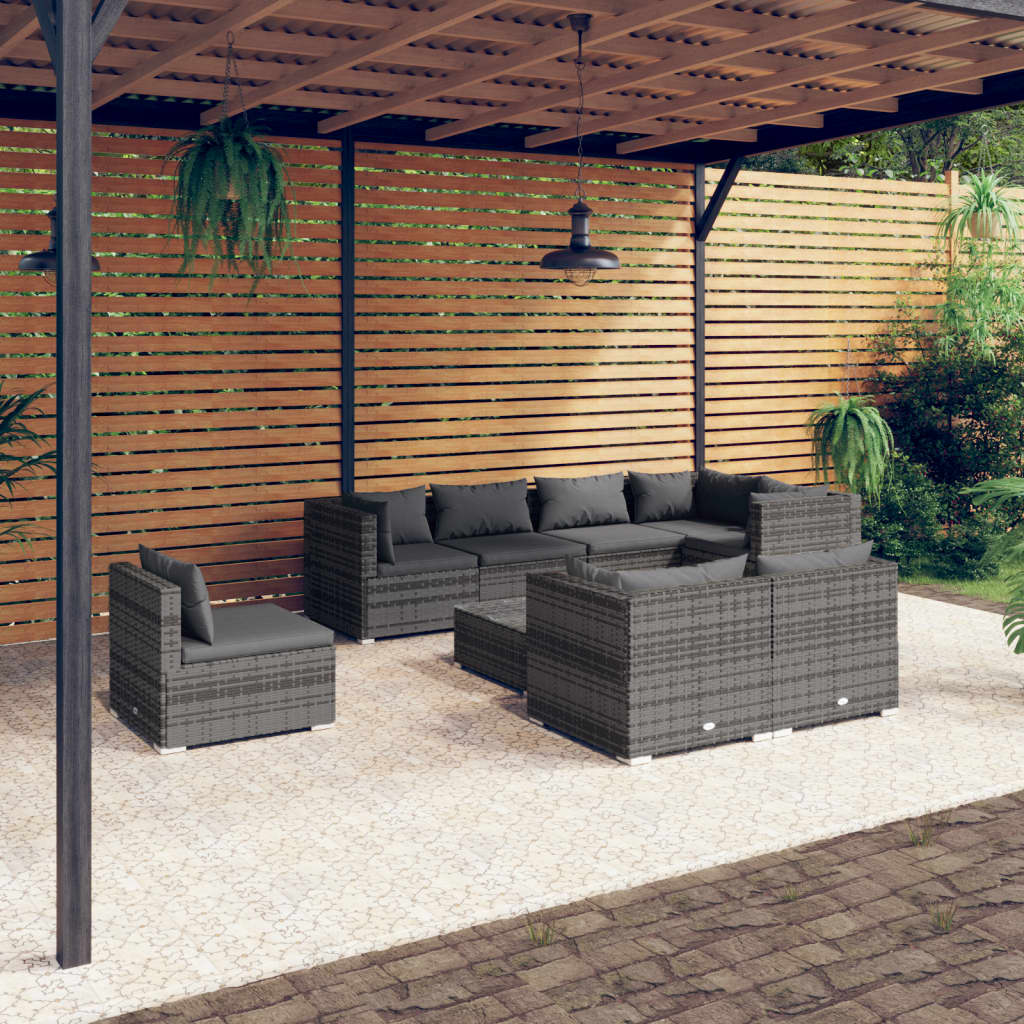 9 pcs conjunto lounge de jardim c/ almofadões vime PE cinzento