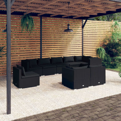 9 pcs conjunto lounge de jardim c/ almofadões vime PE preto