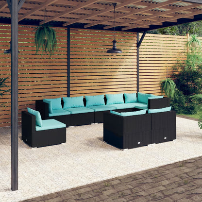 9 pcs conjunto lounge de jardim c/ almofadões vime PE preto