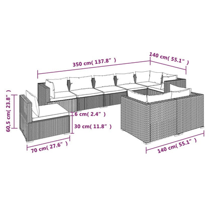 9 pcs conjunto lounge de jardim c/ almofadões vime PE castanho