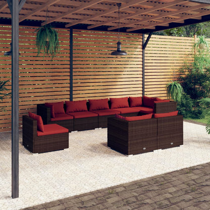 9 pcs conjunto lounge de jardim c/ almofadões vime PE castanho