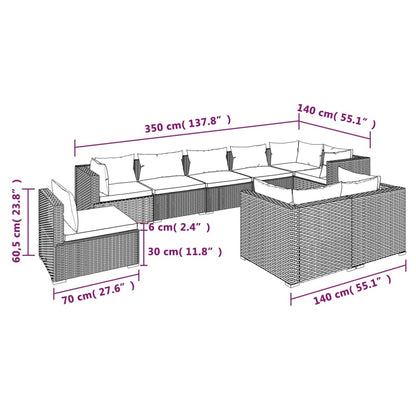 9 pcs conjunto lounge de jardim c/ almofadões vime PE cinzento