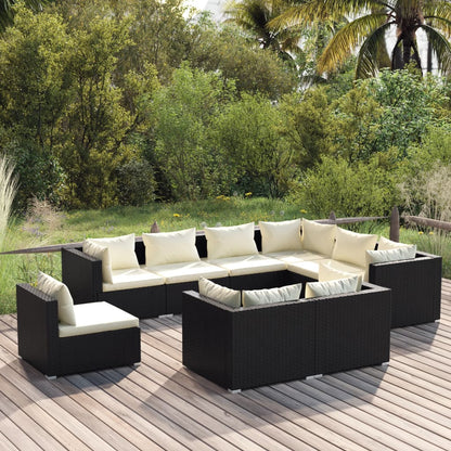 9 pcs conjunto lounge de jardim c/ almofadões vime PE preto