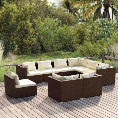 9 pcs conjunto lounge de jardim c/ almofadões vime PE castanho