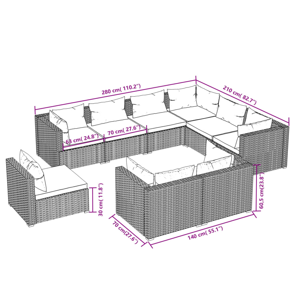 9 pcs conjunto lounge de jardim c/ almofadões vime PE castanho