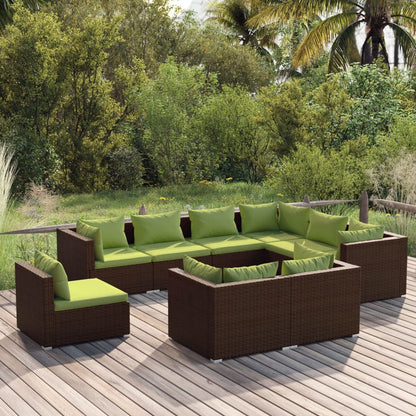 9 pcs conjunto lounge de jardim c/ almofadões vime PE castanho