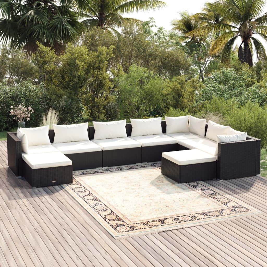 9 pcs conjunto lounge de jardim c/ almofadões vime PE preto