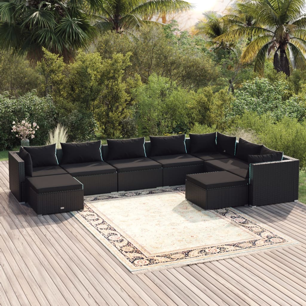 9 pcs conjunto lounge de jardim c/ almofadões vime PE preto