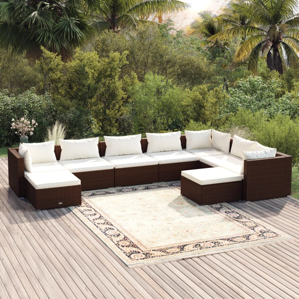 9 pcs conjunto lounge jardim c/ almofadões vime PE castanho