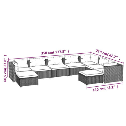 9 pcs conjunto lounge de jardim c/ almofadões vime PE cinzento