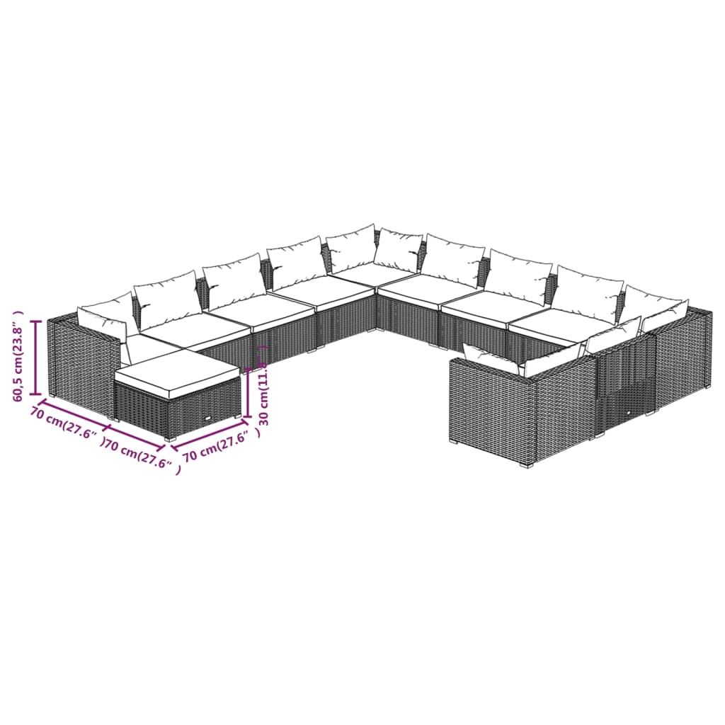 12 pcs conjunto lounge de jardim c/ almofadões vime PE castanho