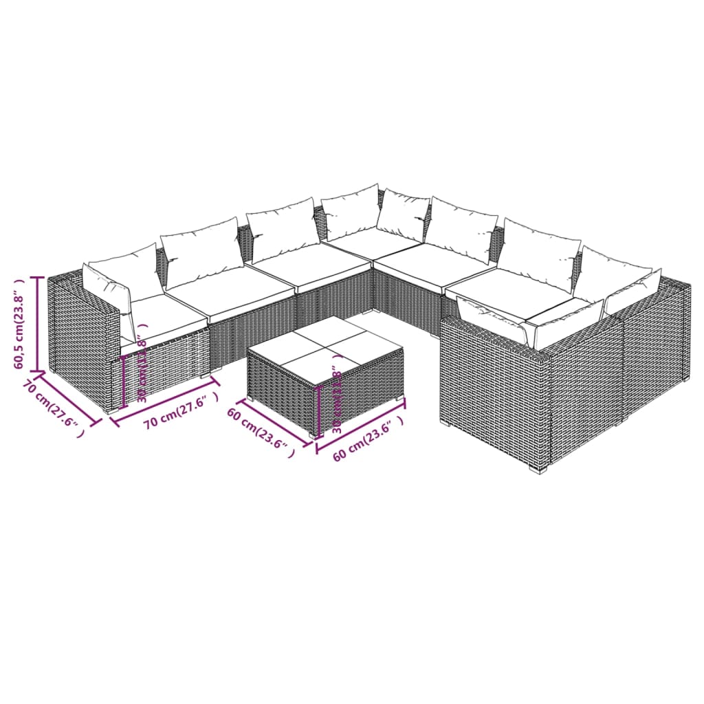 9 pcs conjunto lounge de jardim c/ almofadões vime PE castanho