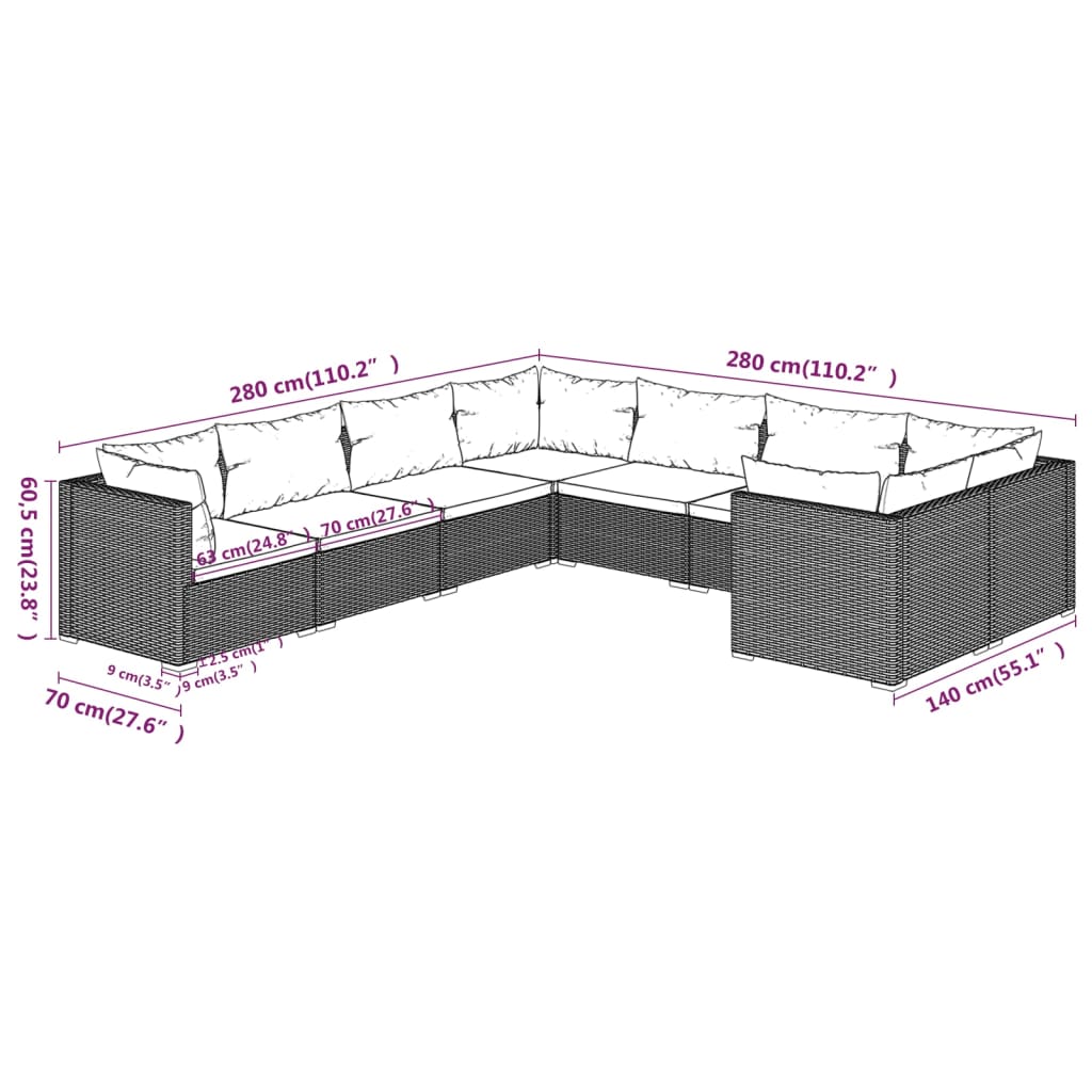 8 pcs conjunto lounge jardim c/ almofadões vime PE castanho