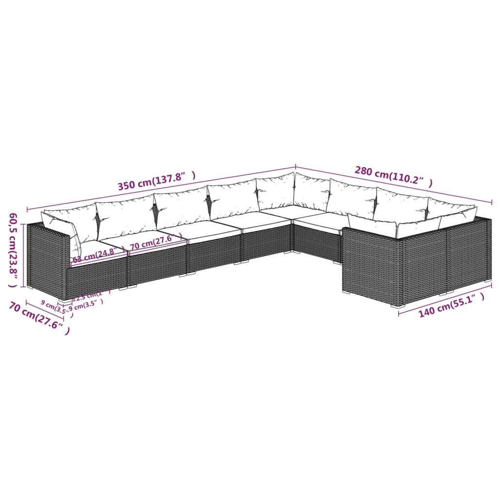 9 pcs conjunto lounge de jardim c/ almofadões vime PE cinzento