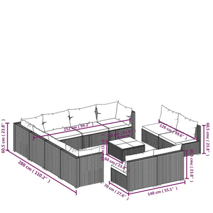 12 pcs conjunto lounge de jardim c/ almofadões vime PE castanho