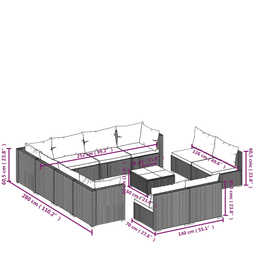 12 pcs conjunto lounge jardim c/ almofadões vime PE cinzento