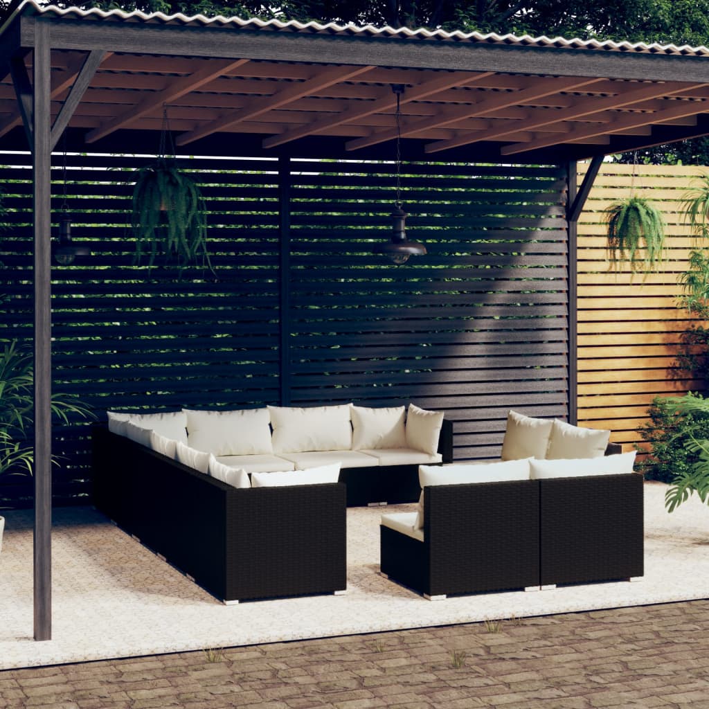 12 pcs conjunto lounge de jardim c/ almofadões vime PE preto