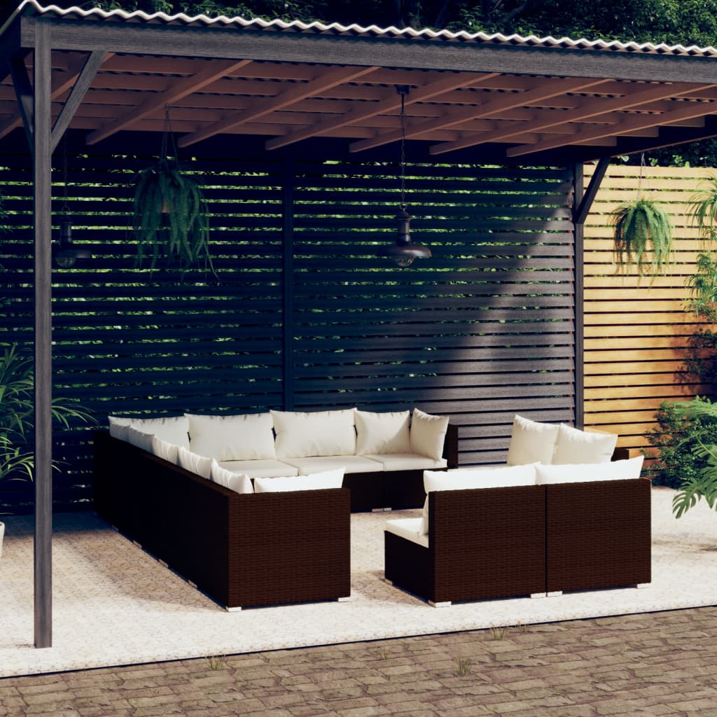 12 pcs conjunto lounge de jardim c/ almofadões vime PE castanho